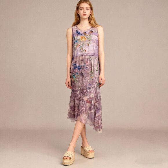 $398 NWOT JOHNNY WAS SILVANA Embroidered Floral MESH MIDI DRESS Size S Purple - Picture 1 of 15
